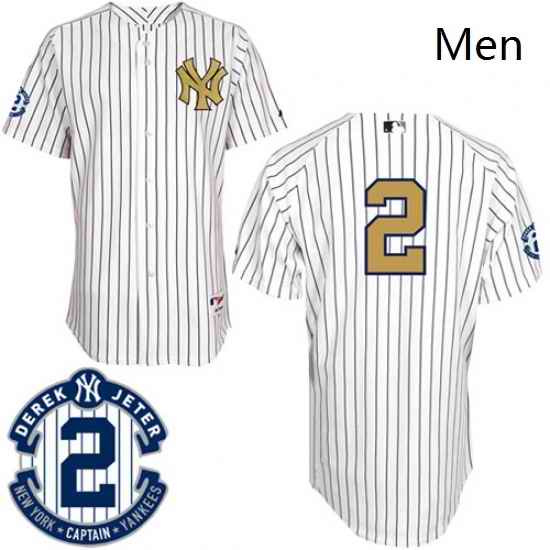 Mens Majestic New York Yankees 2 Derek Jeter Authentic White Fashion Gold wCommemorative Retirement Patch MLB Jersey